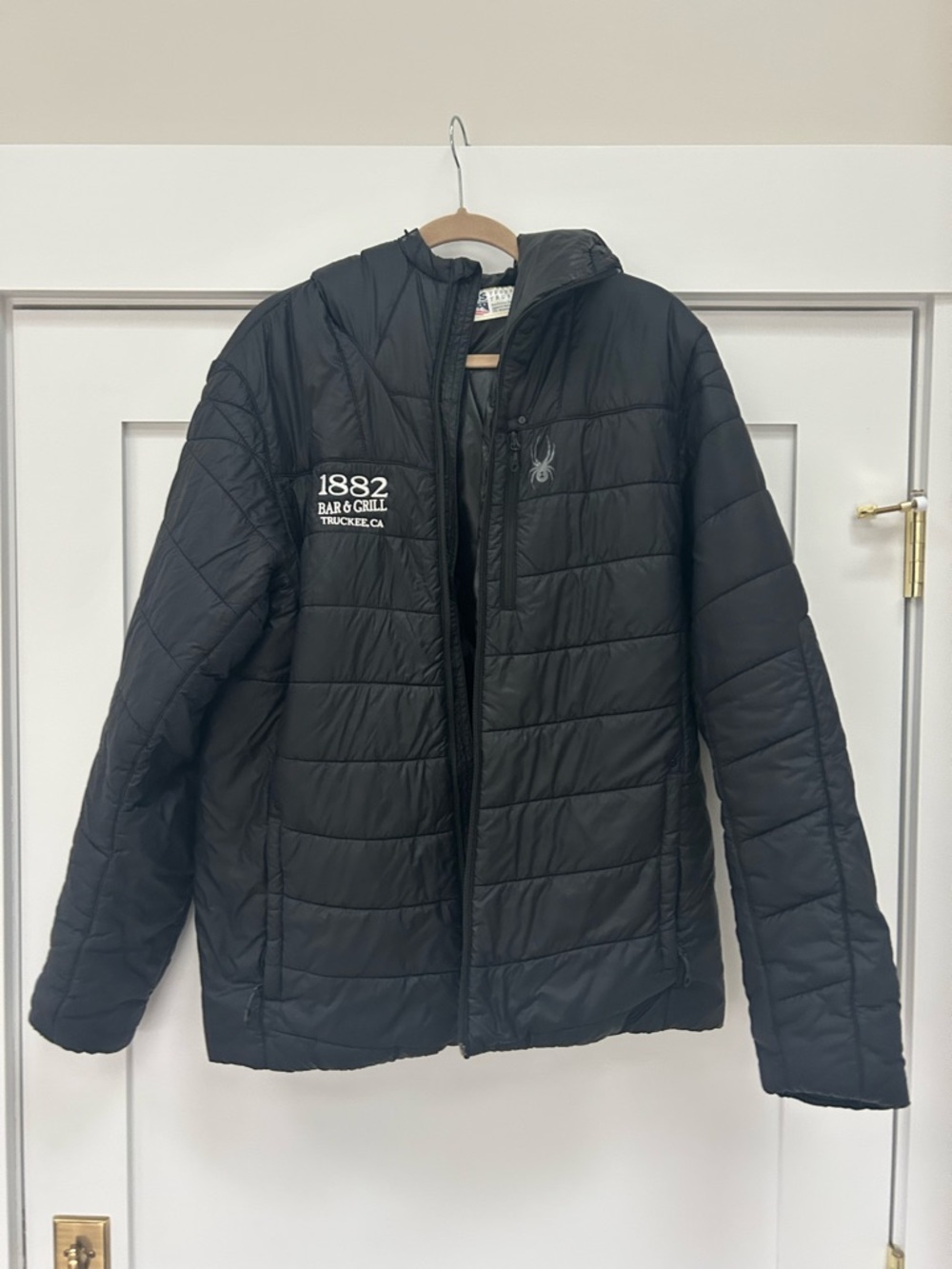 Black Hooded Puffy Jacket with Embroidered Logo